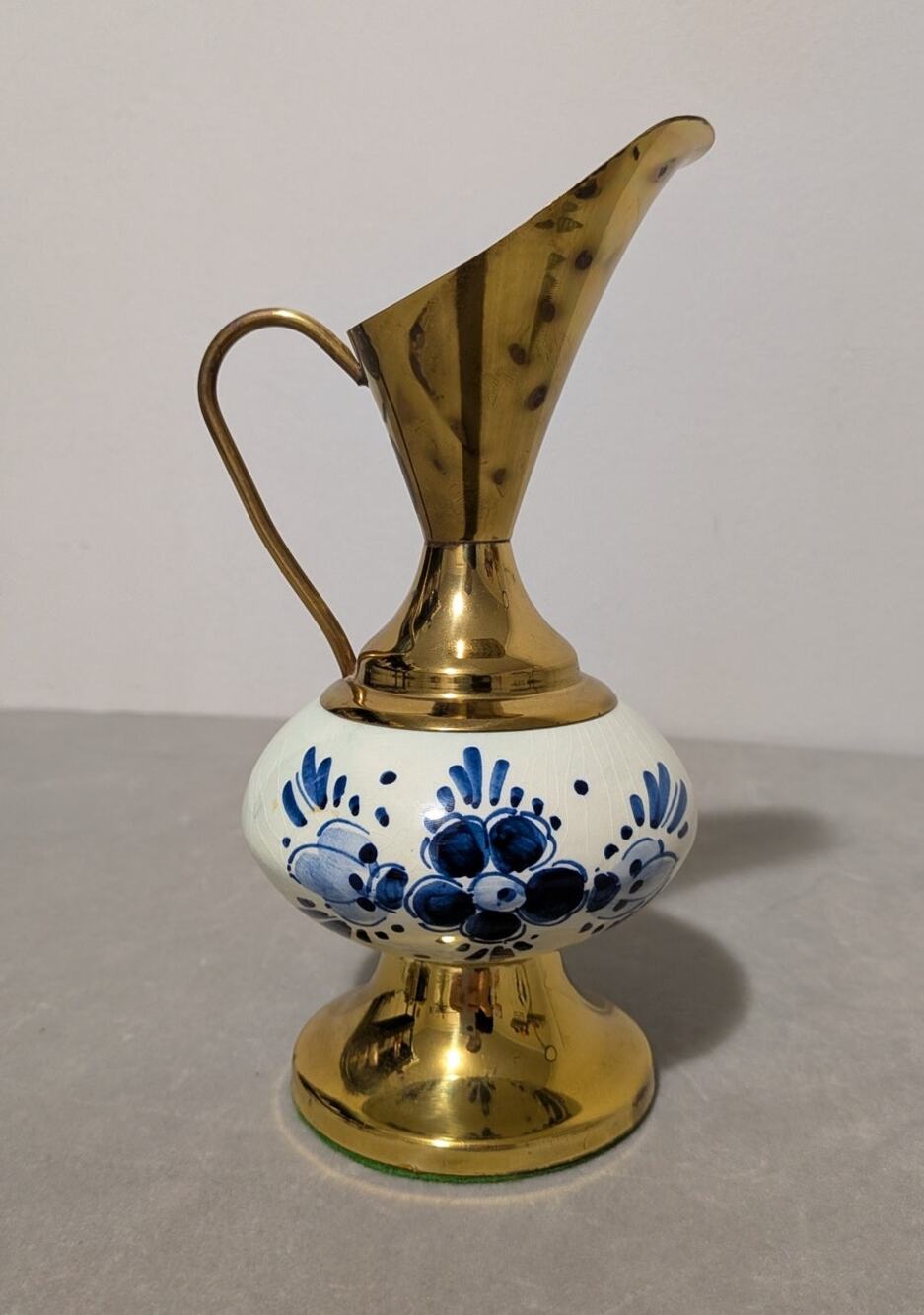 Vintage Blue Floral Delftware Brass Porcelain Pitcher Vase Holland Model # 2285